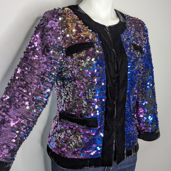 Boston Proper Blue Purple Silver Black Velvet Hook Closure Jacket S - Picture 4 of 9